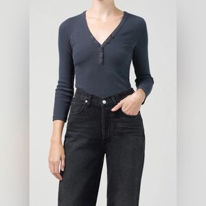 CITIZENS OF HUMANITY Aideen Henley Top Made In USA Stretchy Rib Lyocell Cotton L